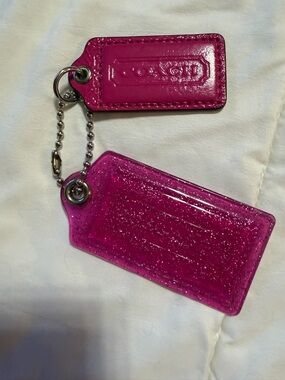 Coach Hot Pink Glitter ID Tag and Matching Leather Tag